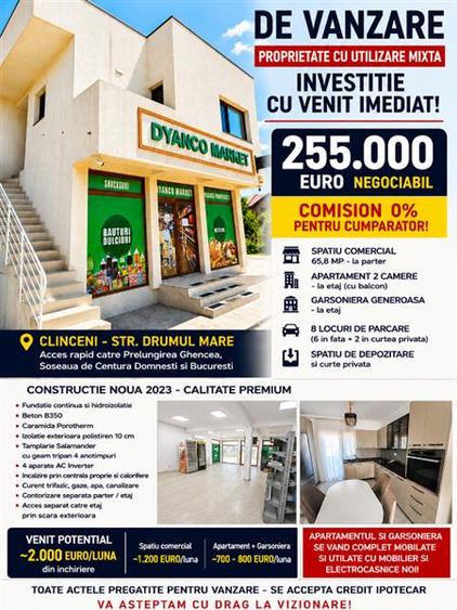 Vanzare - Spatiu Comercial + Apartament + Garsoniera - Clinceni - 255000E - tva