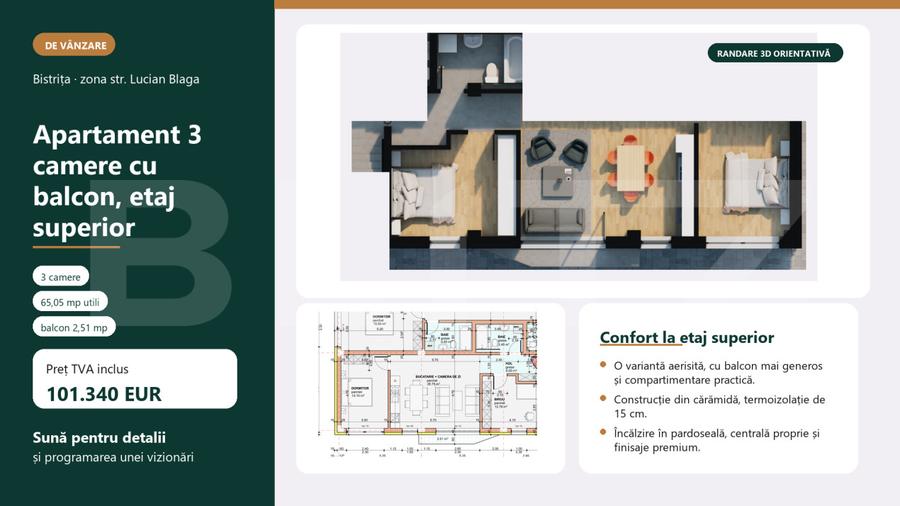 Apartament 3 camere, 65mp, bloc nou, zona Giulia