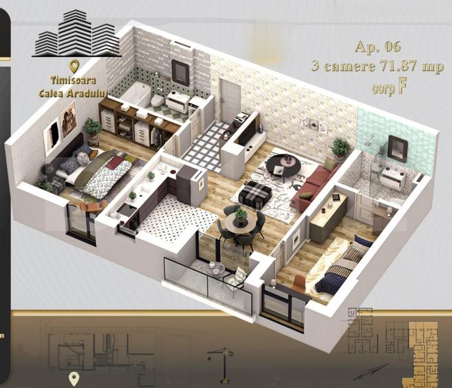 Apartament 3 camere, 71,87 mp utili, decomandat, Calea Aradului