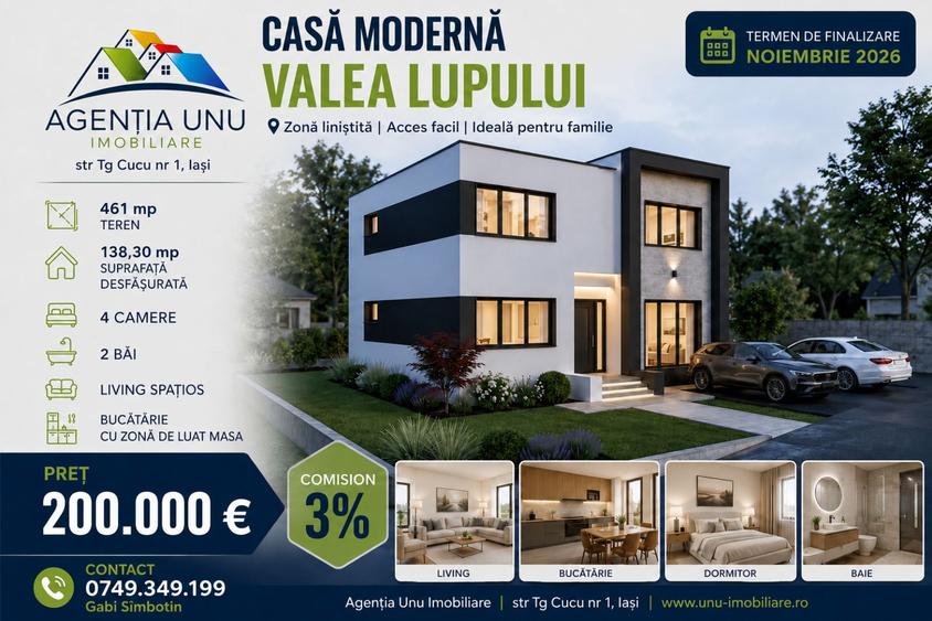 Vilă Premium P+1 în Valea Lupului, 4 Camere, 461 mp Teren, Toate Utilitățile, Finalizare Noiembrie 2026