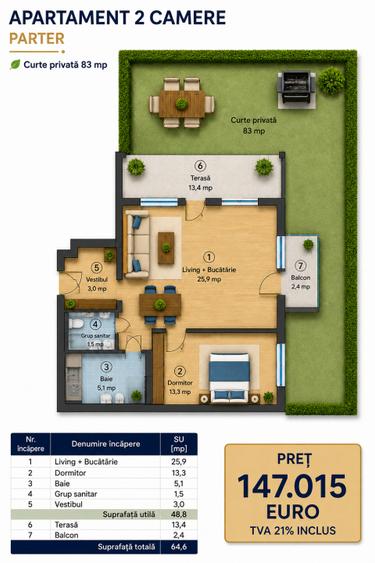Apartament 2 camere cu gradina Otopeni, bloc arhitectura unica