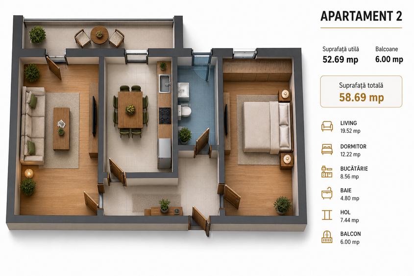 Bloc nou modern – Apartamente 2 camere, finisaje premium, parcare inclusă