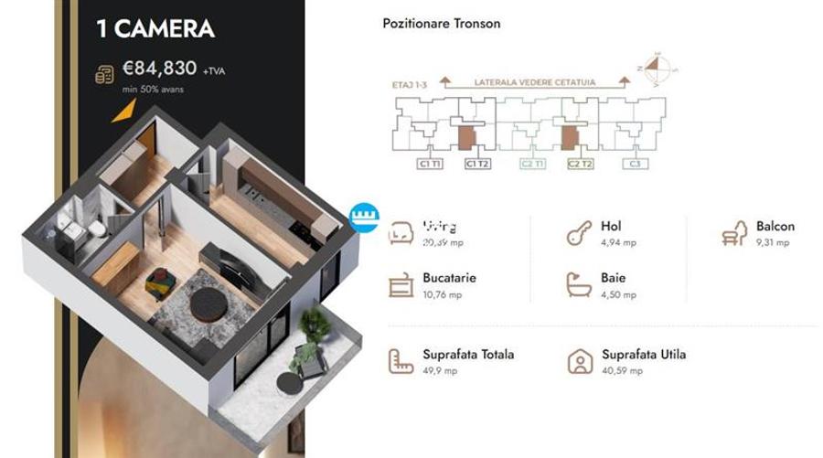 Apartament 1 camera,49,90 mp,bloc nou,zona Nicolina Selgros