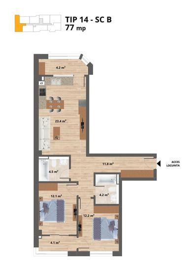 Proiect NOU -- Sun Residence -- Apartament 3 camere - TIP 14 - 77 Mp