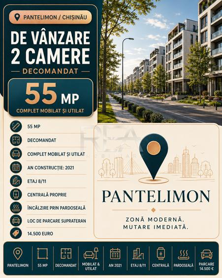 2 camere Pantelimon/Chișinău decomandat, centrală, an 2021, 55 mp