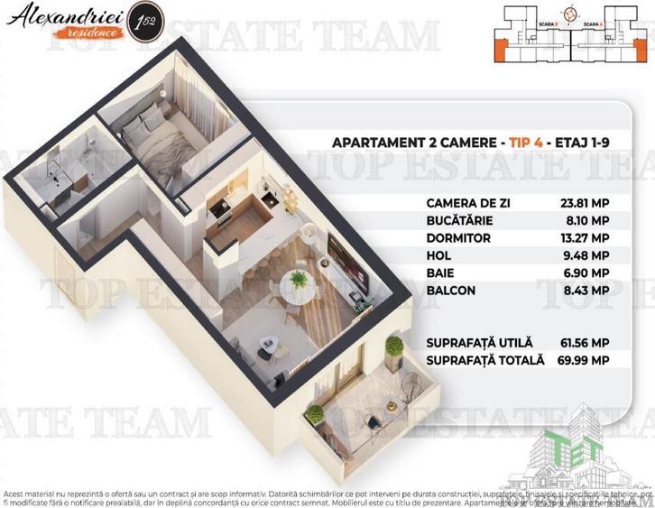 Apartament 2 Camere, Balcon Spatios, Rahova