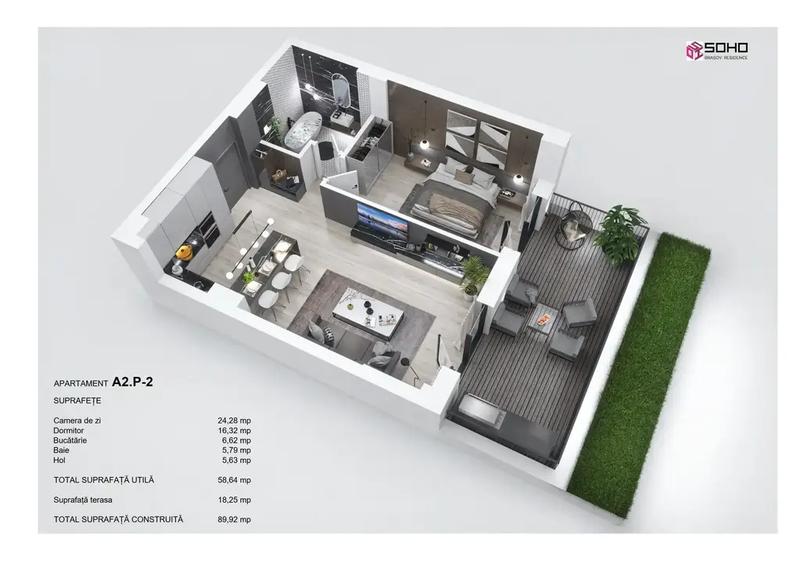 Apartament 2 camere, terasa mare 18 mp