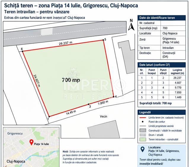 Teren 700 mp | Grigorescu – Piata 14 Iulie | Front 29,45 m | UTR Liu