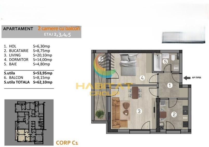 Apartament 2 camere, suprafata utila 54 mp + balcon in Popesti Leordeni
