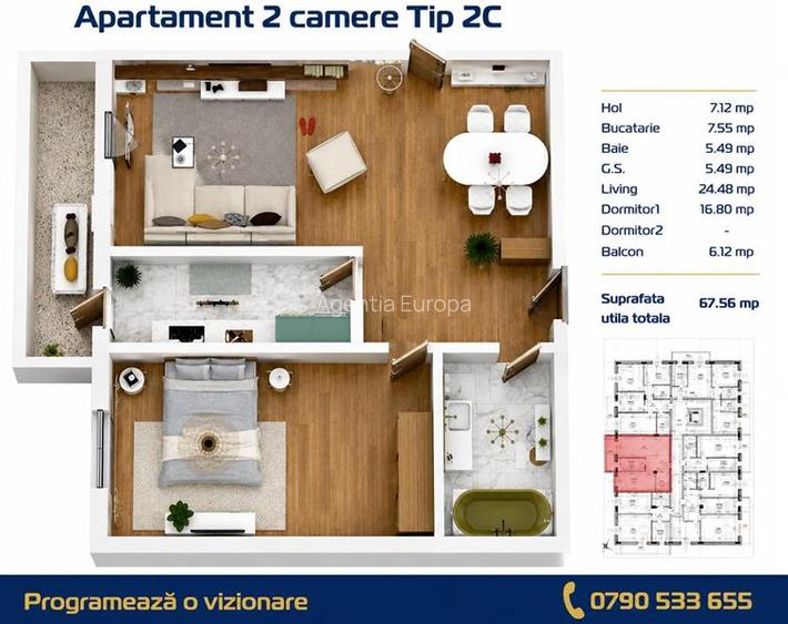 Apartament 2 camere zona C5 in BLOC NOU