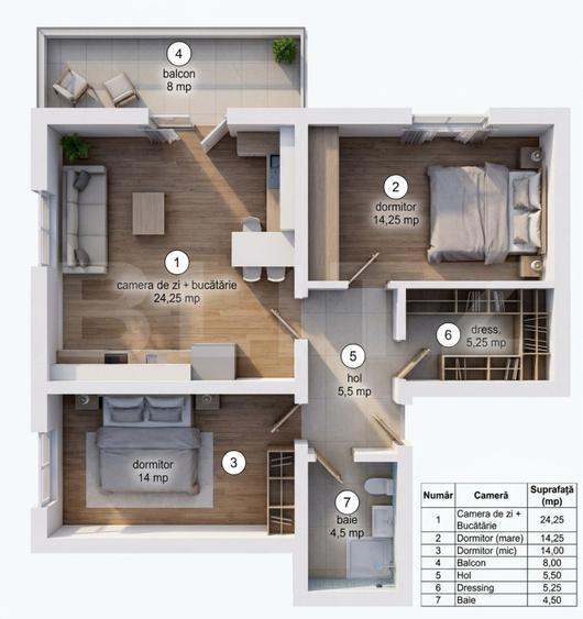 Apartament cu 3 camere, dressing și balcon, etajul 1