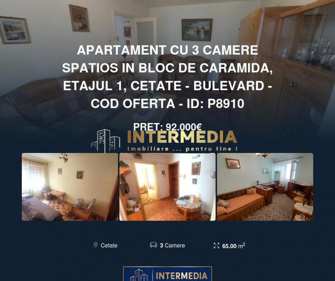 Apartament cu 3 camere spatios in bloc de caramida, etajul 1, CETATE - Bulevard