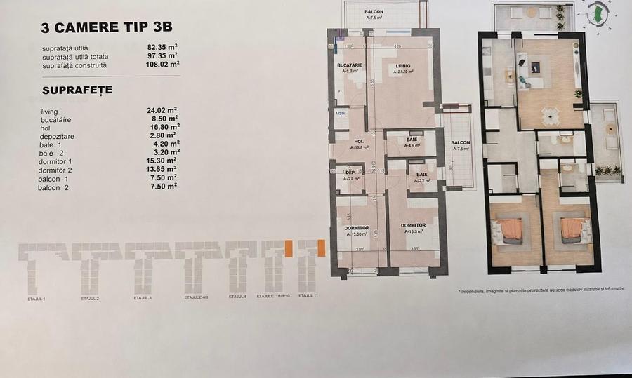 3 camere | 97 mp | Etaj 8 | Doi Cocosi Residence