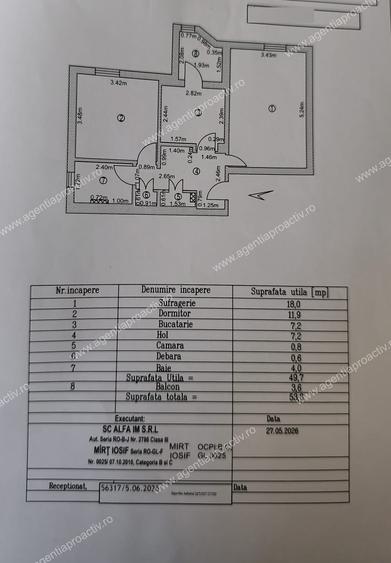 Apartament cu 2 camere, decomandat, 53,39 mp – Piața Centrală, bloc din 1988
