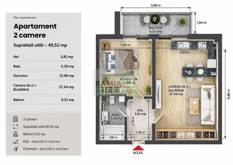 Apartament 2 camere, 2026, etaj 2, balcon – Tractorul / Coresi