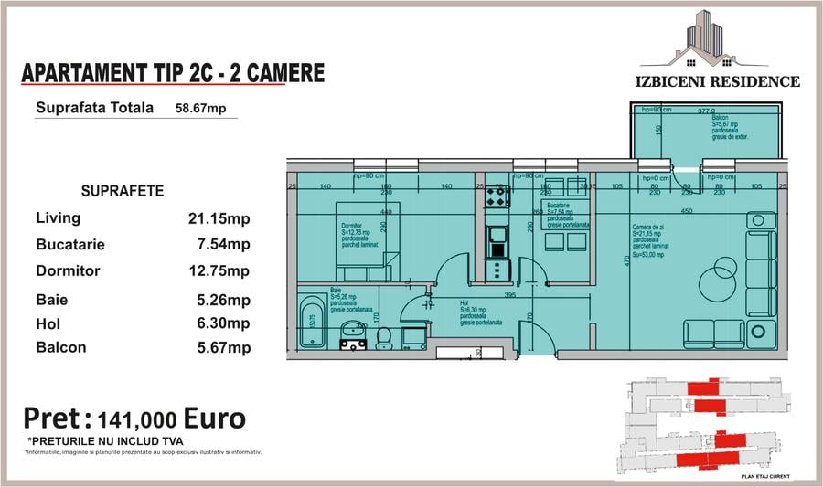 Apartament 2 Camere TIP C in complex Izbiceni Residence