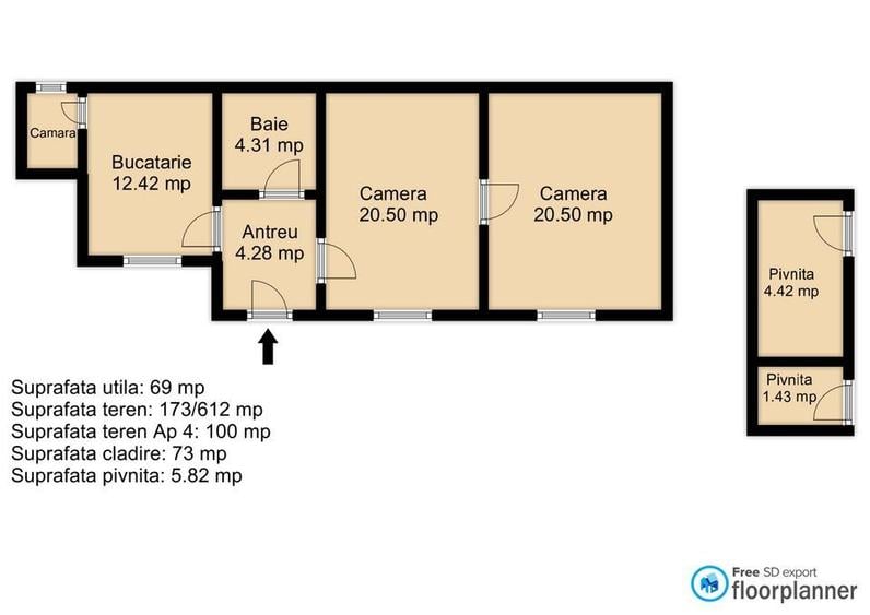 0 % comision ! Casa cu 2 camere 69 mp, strada Somesului