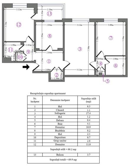 Apartament 3 camere, 69,9 mp, 2 băi, etaj 1/8, bloc reabilitat, Pantelimon