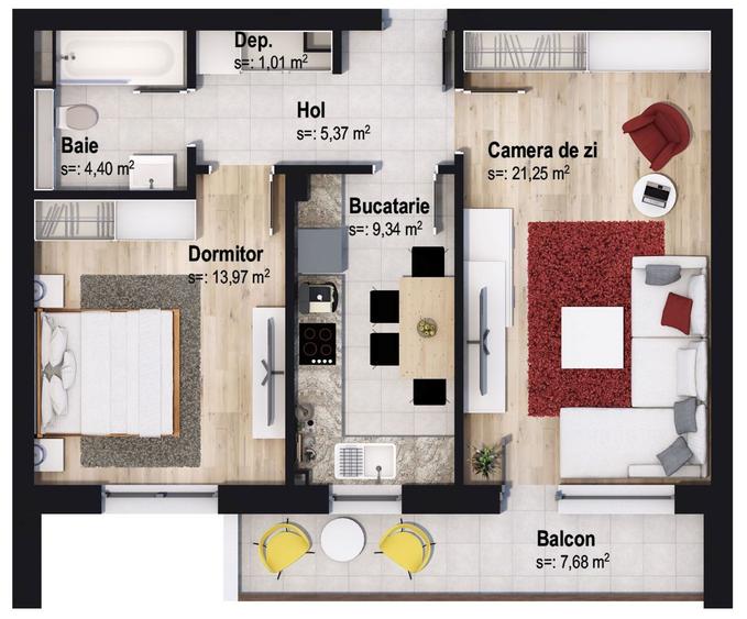 Apartament cu 2 camere și terasă mare în clădirea V3