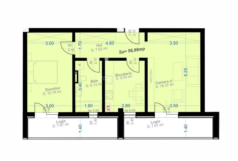 Apartament 2 camere 57 mp si 2 logii 15 mp.Buncar antiatomic si parcare inclusa.