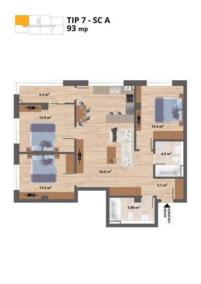 Proiect NOU -- Sun Residence -- Apartament 4 camere - TIP 7 - 93 Mp