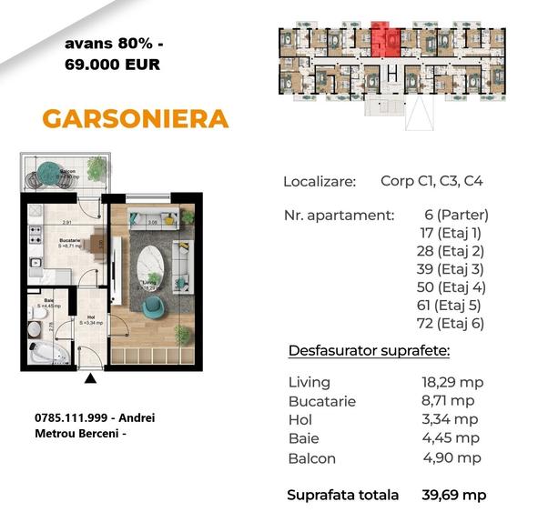 Studio la pret de garsoniera - Metrou Berceni 400m