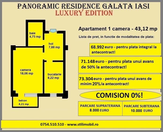 Apartament 1 camera de vanzare in Iasi, Galata, 43,12 mp, bloc nou