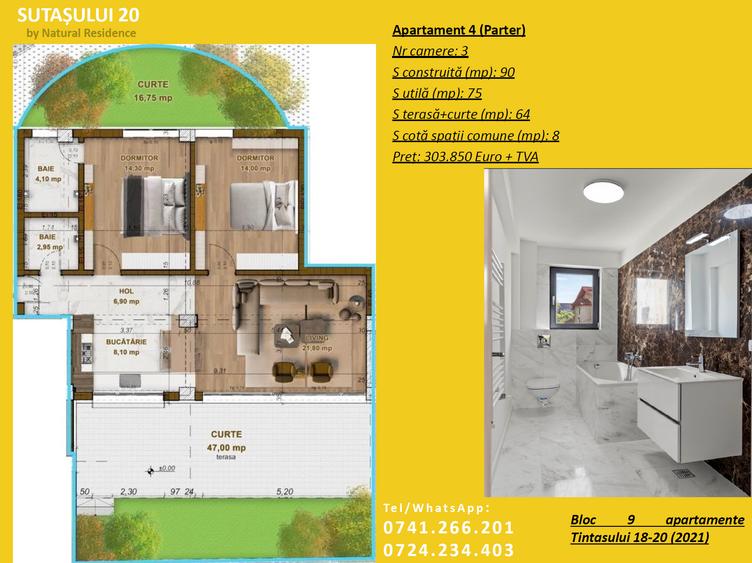 Apartament premium cu 3 camere și curte proprie spectaculoasă de 64 mp