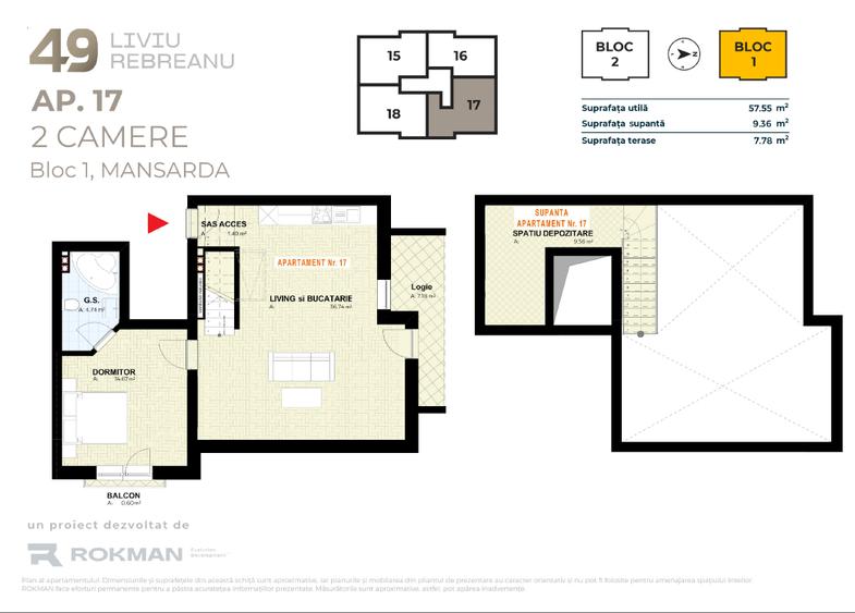 Dezvoltator: Apartament 2 camere , Mansarda , Incalzire prin pardoseala