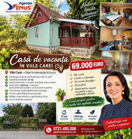CASĂ DE VACANȚĂ ÎN GRADINA VIILOR CAREI CU 1.924 MP TEREN FRONT 15M