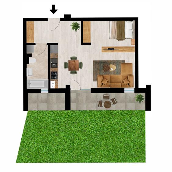 Apartament cu 1 camera si terasa de 52 mp, loc de parcare inclus