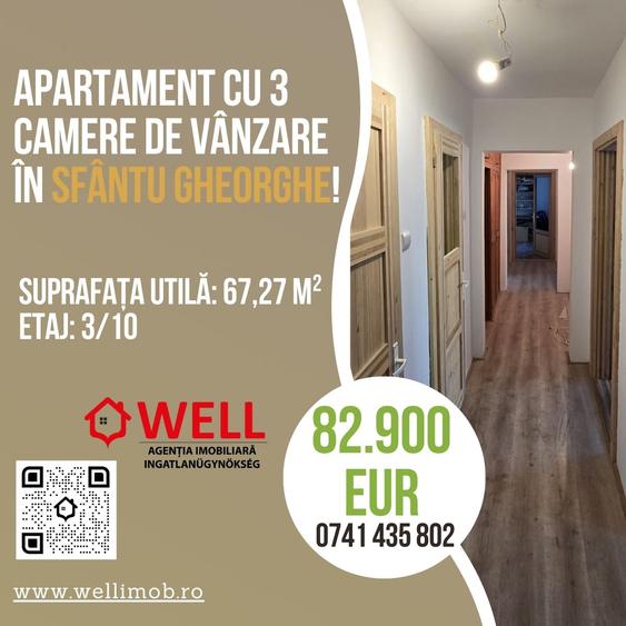 Apartament cu 3 camere de vânzare în Sfântu Gheorghe, pe strada Aleea Hărniciei!