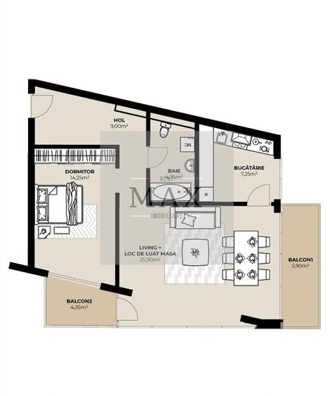 Apartament 2 camere de vânzare 61.15 mp Et.8 Mărăști Fabricii
