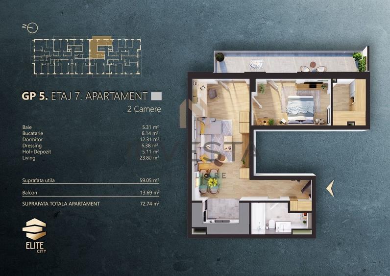 Apartament 2 camere decomandate cu terasa in Elite City 2860 euro/mp!