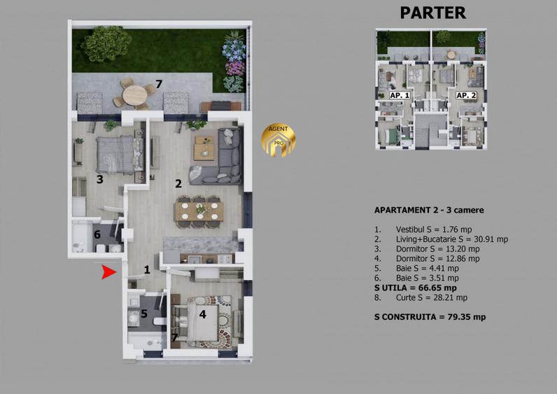 Apartament 3 Camere + Teren 100 mp - Prima Inchiriere - Disponibil Imediat