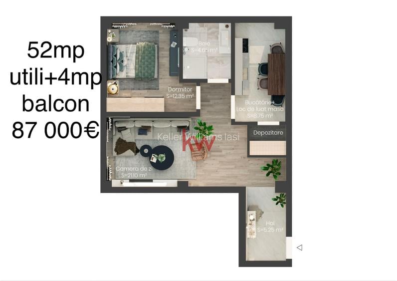 Apartament 2 camere – 52 mp utili + balcon 4 mp | 87.000 € - 6