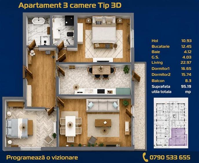 Apartament 3 camere zona C5 in BLOC NOU