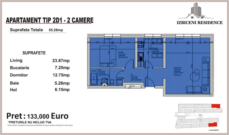 Apartament 2 Camere TIP 2D1 in complex Izbiceni Residence