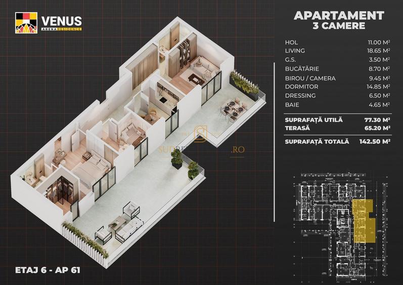 Apartament decomandat, 3 camere, terasa 65 mp - Aparatorii Patriei