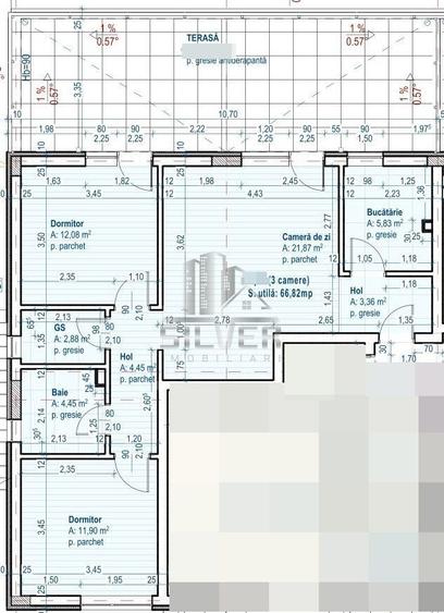 Apartament cu 3 camere dec.+TERASA de 45 mp.
