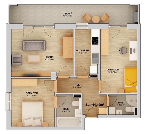 Apartament 3 camere decomandat Orhideea Exclusive Living - Cartier Doamna Stanca