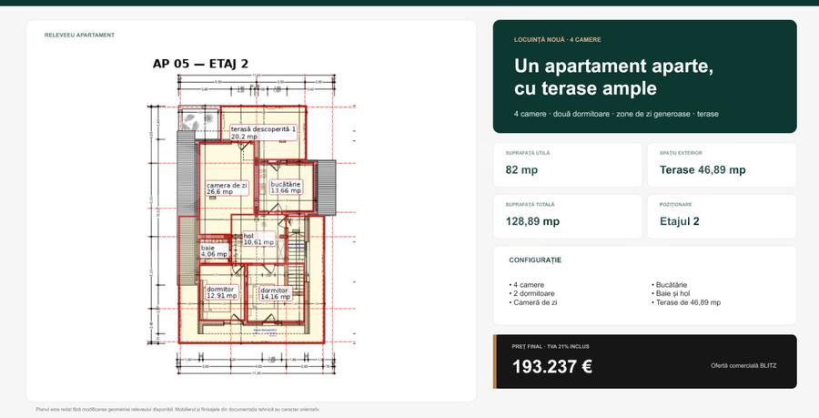 Apartament cu 4 camere și terase ample, 128.89 mp total