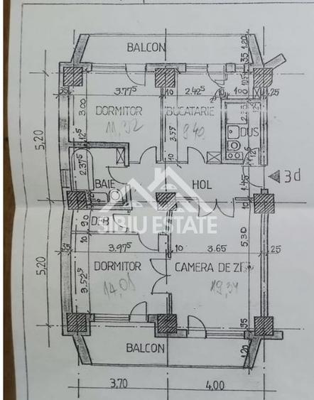 Apartament 75 mp. 3 camere 3 balcoane decomandat in Sibiu- Terezian