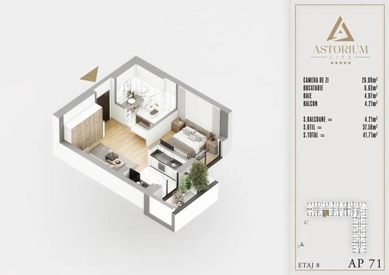 Garsonieră Astorium Life | 37,50 mp utili + balcon | Bloc C | Comision 0%