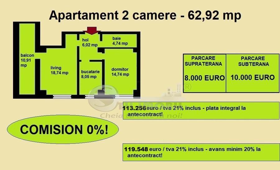 Apartament decomandat de vanzare in Iasi, Galata, 62,92 mp, bloc nou