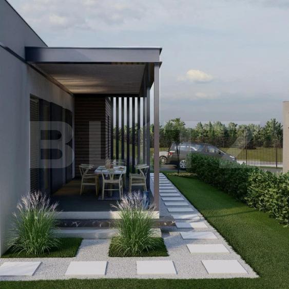 Casă nouă mediteraneană, 3 camere, 105 mp utili, teren 630 mp, drum privat
