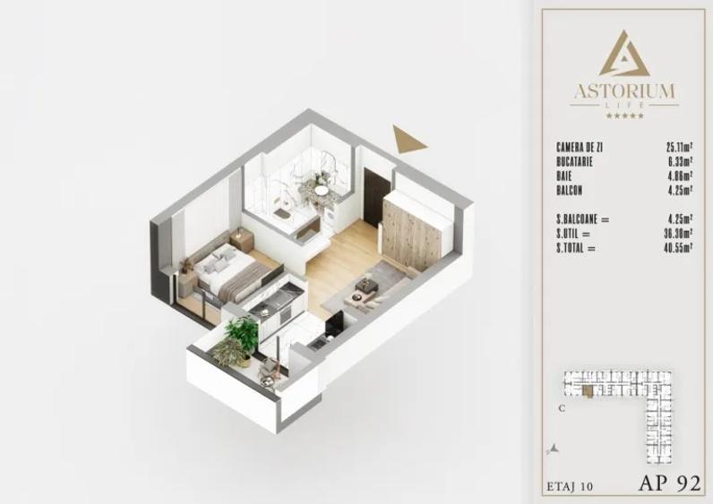 Garsonieră Astorium Life | 36,30 mp utili + balcon | Bloc C | Comision 0%