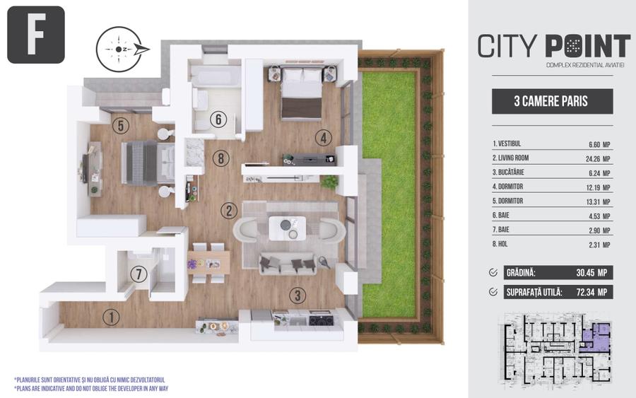 Apartament 2 camere cu gradina proprie- City Point Aviatiei