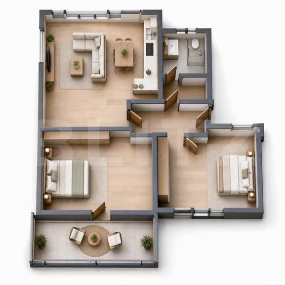 Apartament cu 3 camere și balcon de 8 mp, etajul 1