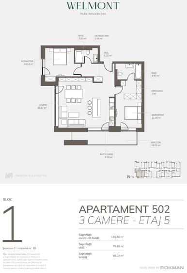 Dezvoltator, Apartament trei camere open space , Welmont/Rokman